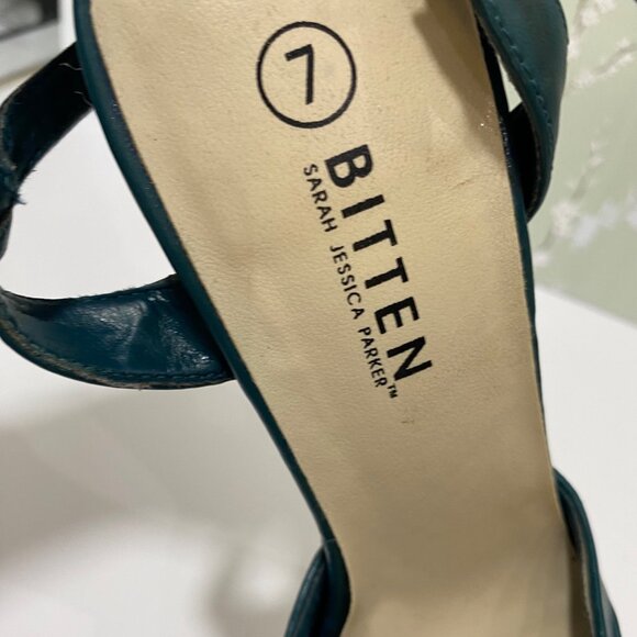 Vintage Bitten SJP Teal High Heel Peep Toe Sandals Size 7 Leather Upper Womens - Picture 7 of 7
